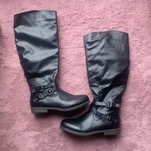 Black Knee High Faux Leather Boots Zip Up 10